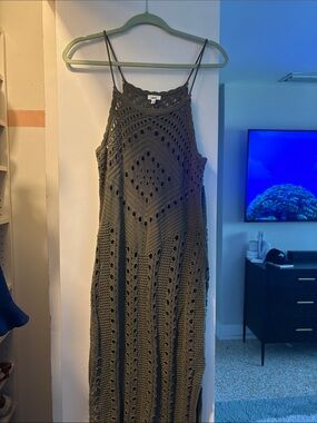 aerie Olive Crochet Maxi Dress with Spaghetti Straps